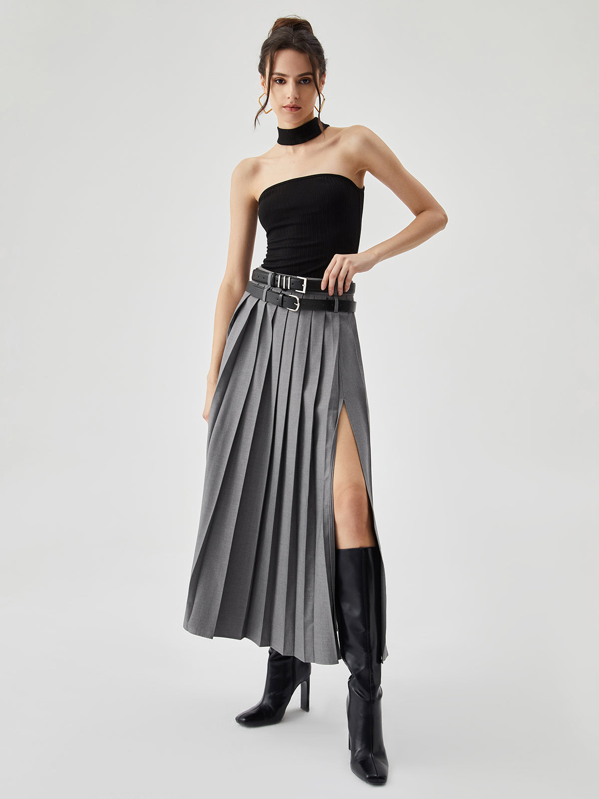 Falda Maxi Plisada Liora gris - vista frontal