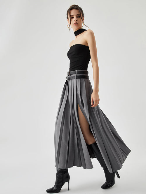 Falda Maxi Plisada Liora gris - vista completa en movimiento