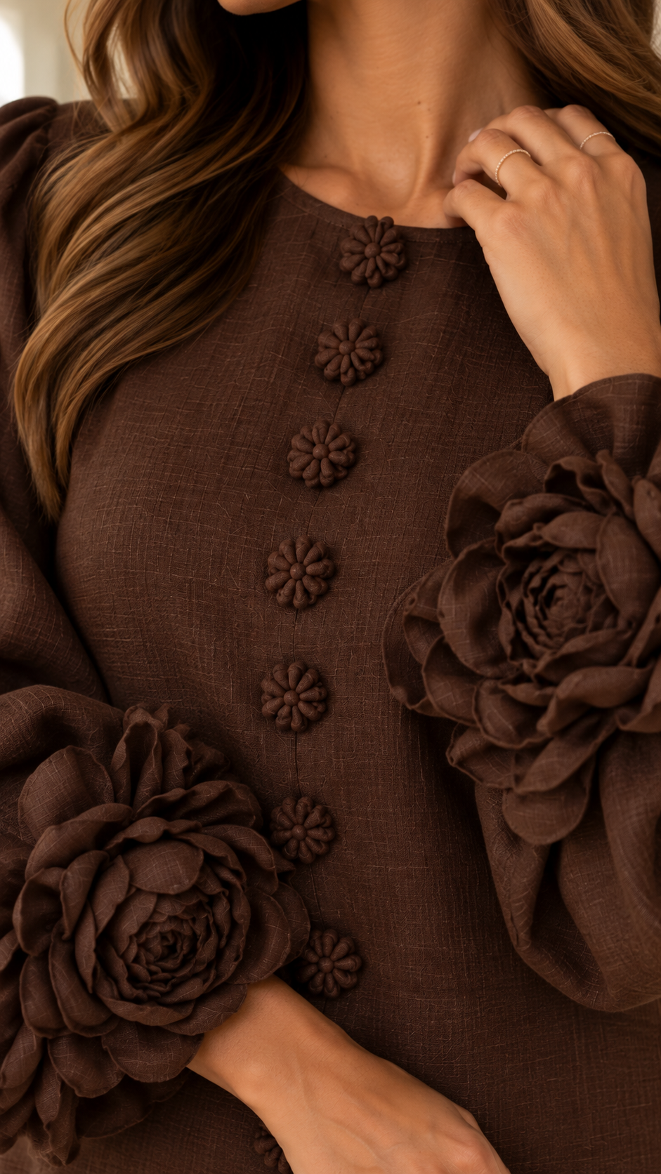 Vestido Bruna chocolate con puños florales