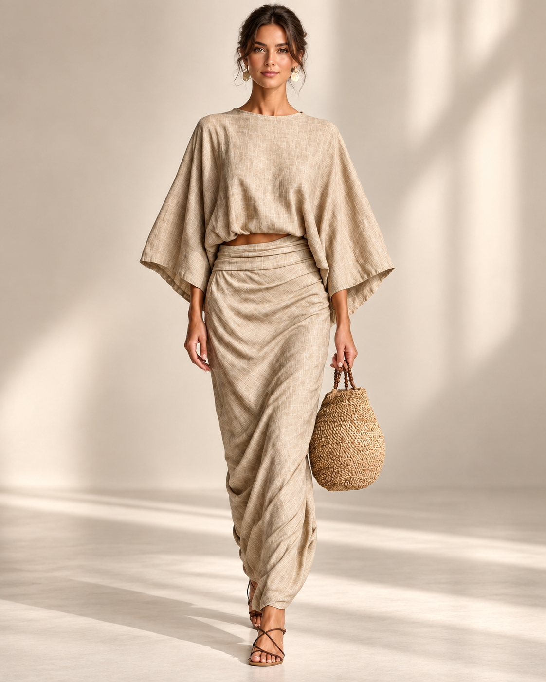 Conjunto Zahara beige de blusa y falda larga