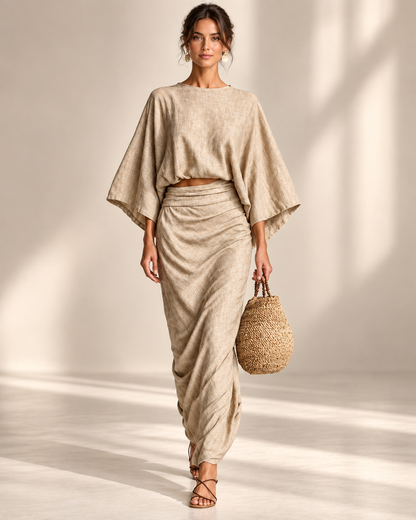 Conjunto Zahara beige de blusa y falda larga
