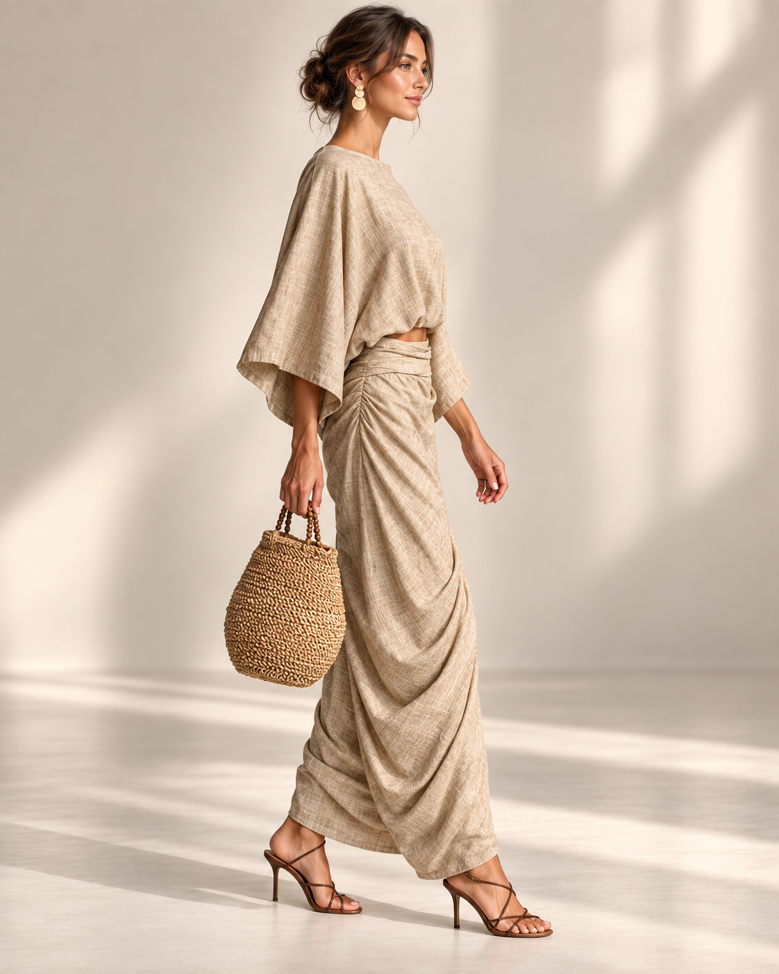 Conjunto Zahara beige de blusa y falda larga