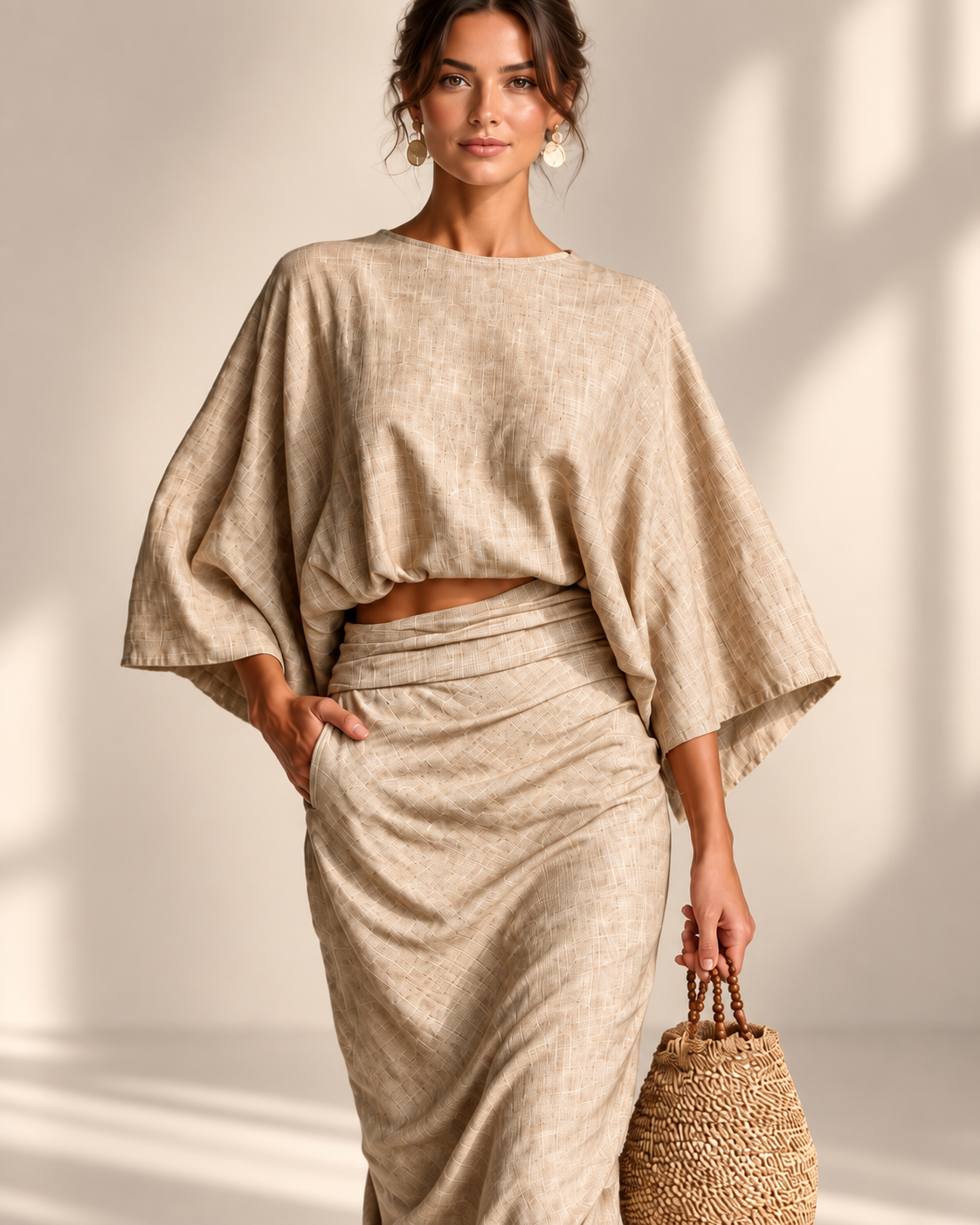 Conjunto Zahara beige de blusa y falda larga