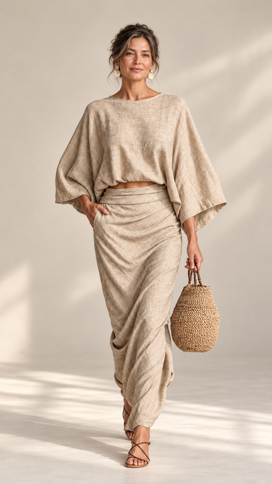 Conjunto Zahara beige de blusa y falda larga