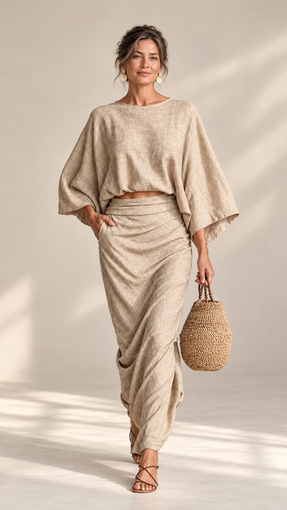 Conjunto Zahara beige de blusa y falda larga