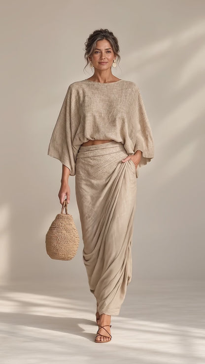 Conjunto Zahara beige de blusa y falda larga